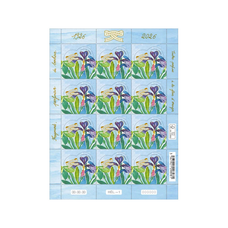 Feuillet de 12 timbres olfactifs Cœur Fragonard Iris neuf**.