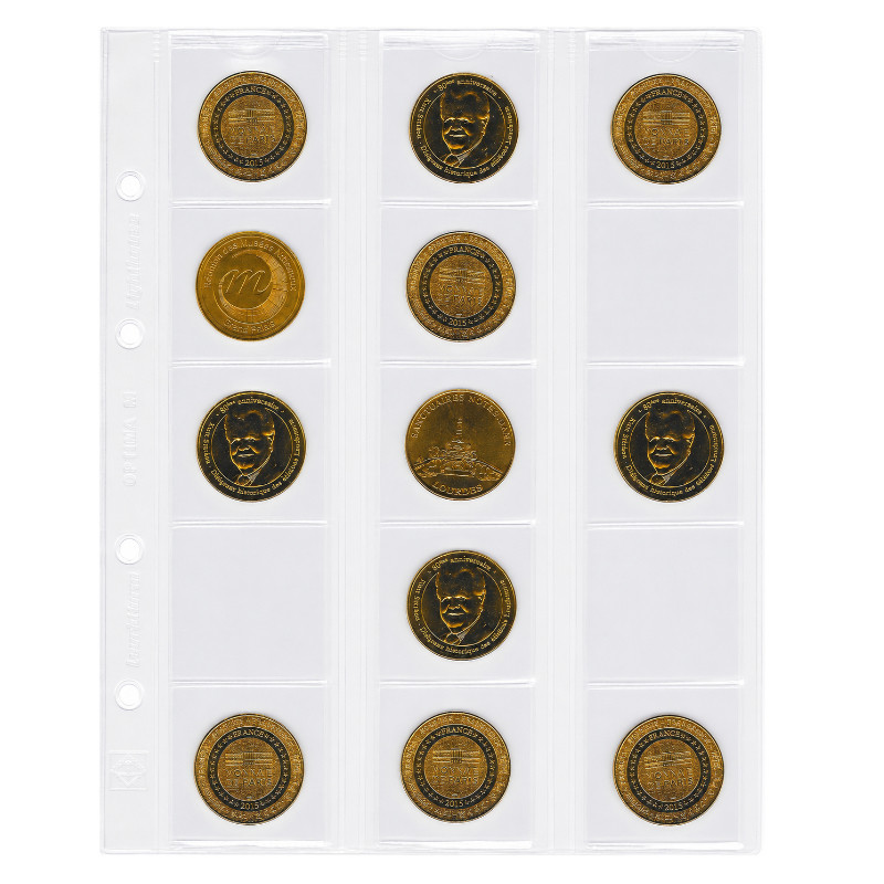 Feuilles numismatiques Optima pour 15 monnaies, médailles, jetons jusqu'à 42 mm.