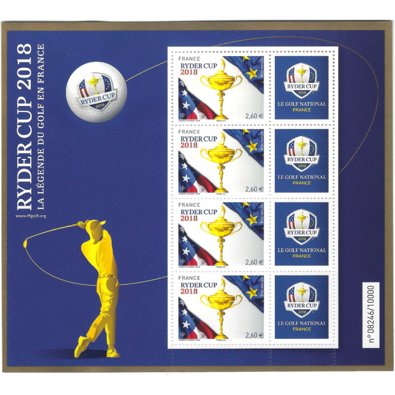 Feuillet de timbres N°144 Ryder Cup bleu numéroté neuf**.