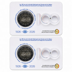 2 euros Belgique 2026 coincard BU - 100 ans des chemins de fer, les deux versions.