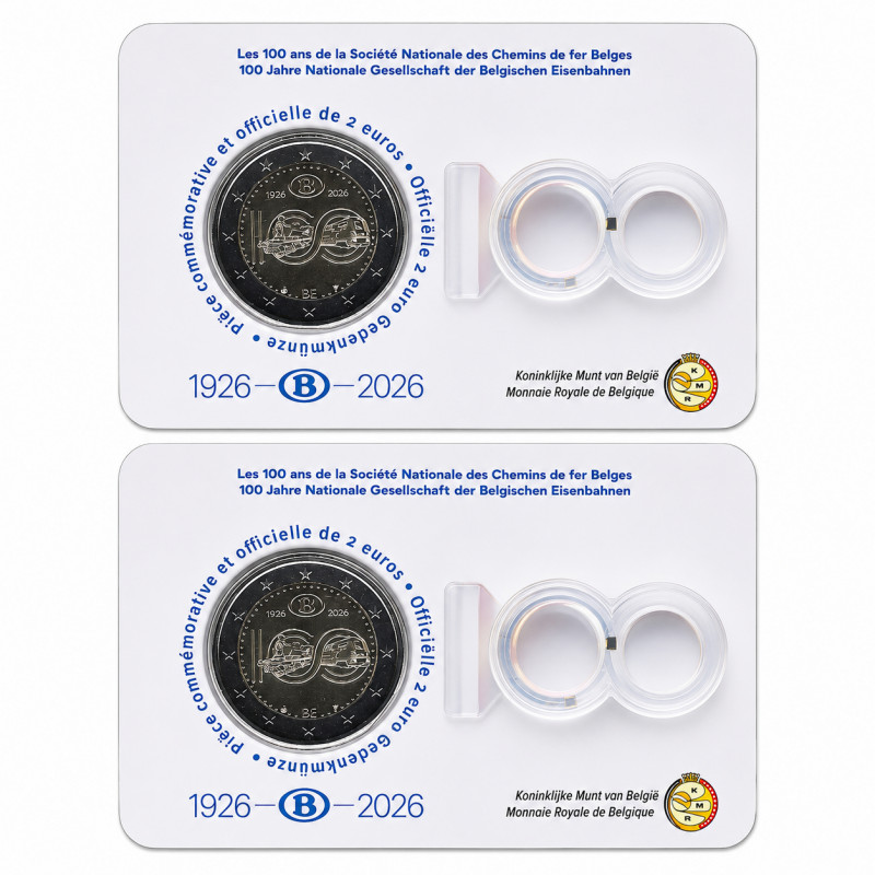 2 euros Belgique 2026 coincard BU - 100 ans des chemins de fer, les deux versions.