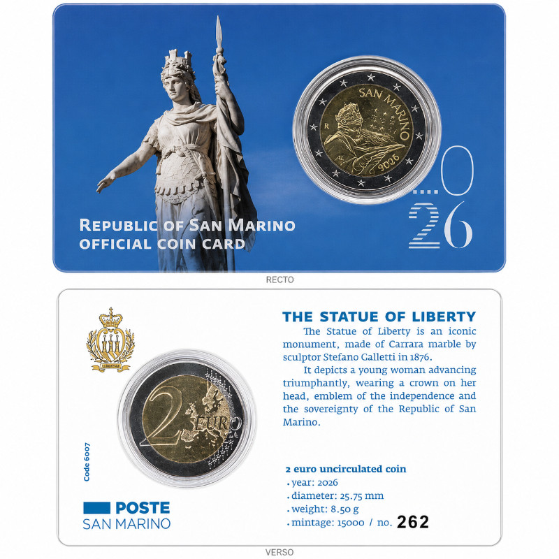 2 euros Saint Marin 2026 - Statue de Liberté en coincard BU.