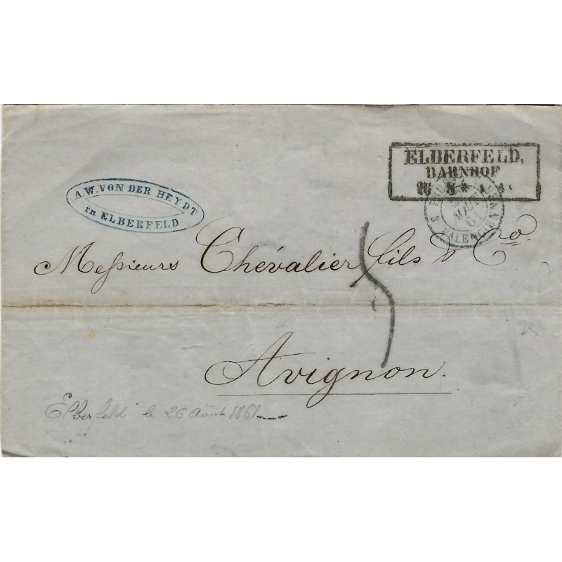 Marque d'entrée N°1022 Prusse 3 Valenciennes 27-8-1861 sur pli d'Elberfeld.