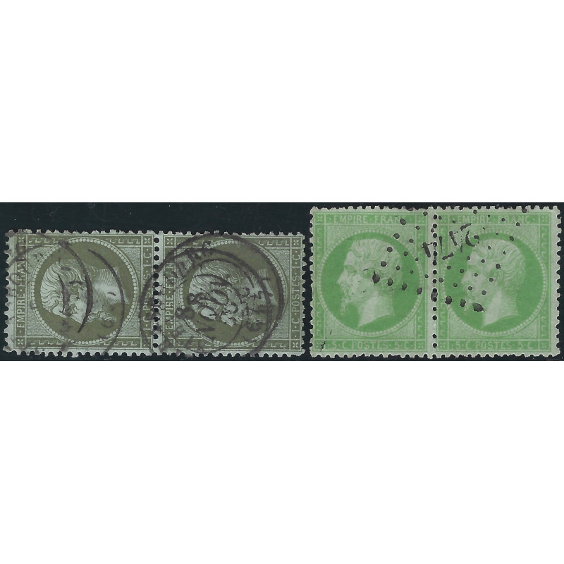 Empire dentelé timbres de France N°19-20 paires oblitérés.