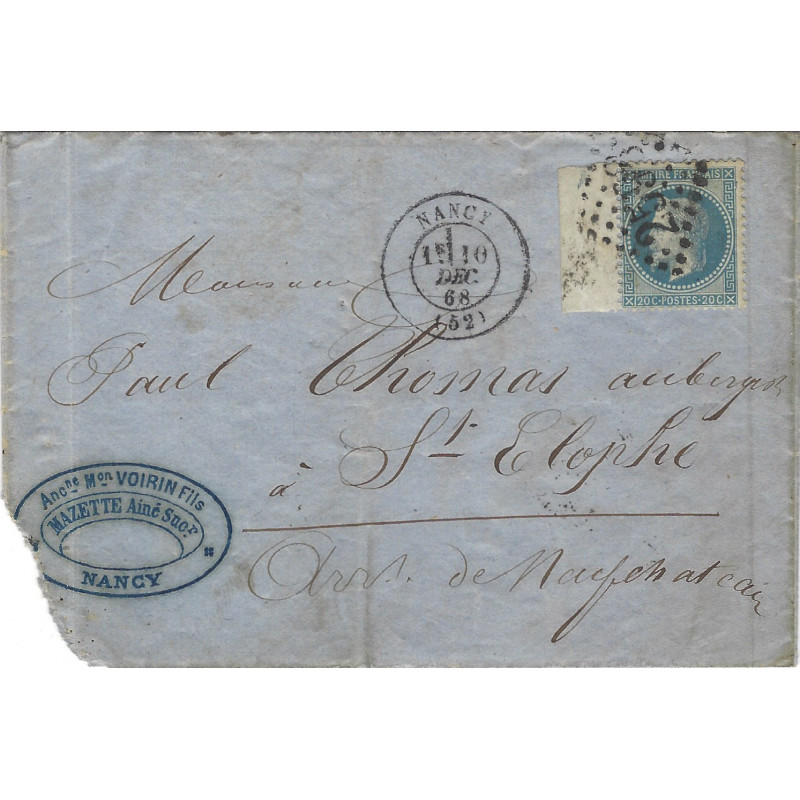 Empire timbre de France N°29B Bdf oblitéré GC 2598 sur pli pour Neufchâtel 1868.