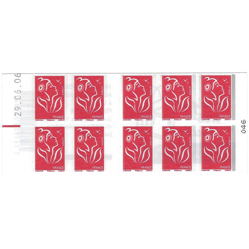 Carnet de 10 timbres Marianne de Lamouche N°3744A-C1 variété bandes phosphorescentes grises..