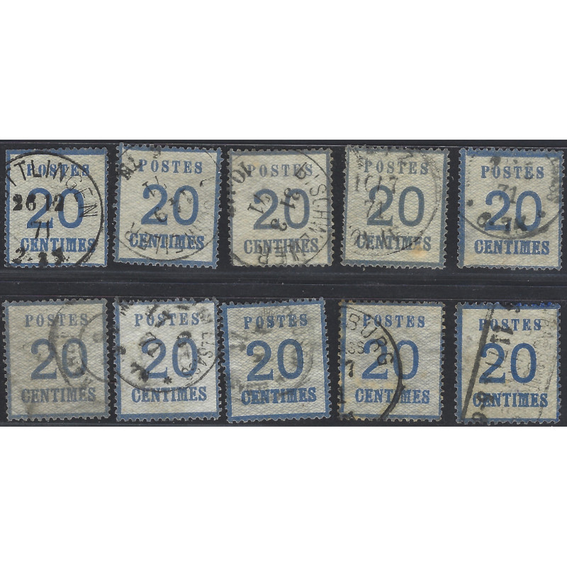 Timbre d'Alsace Lorraine N°6 lot de 10 exemplaires avec nuances oblitérés.