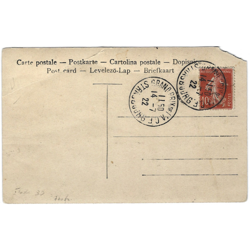 Cachet bureau temporaire Grand prix de l'ACF Strasbourg 14-7-1922 sur carte postale.