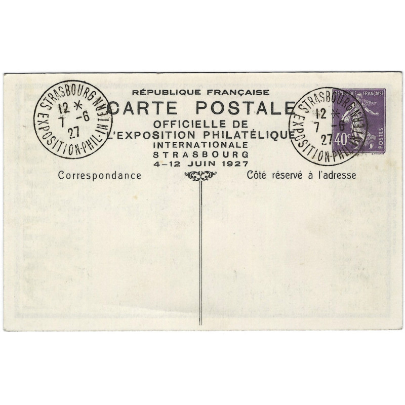 CP officielle – Exposition Philatélique Internationale Strasbourg - Oblitération spéciale du 7 juin 1927.