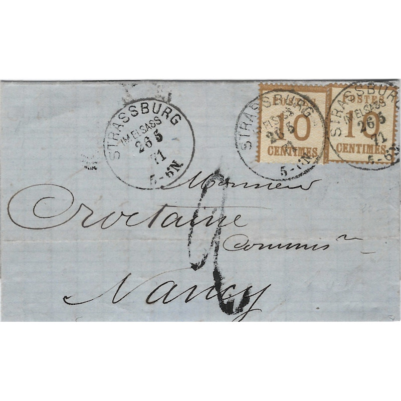 Alsace Lorraine N°5 X 2 sur pli de Strasbourg pour Nancy 26 janvier 1883.