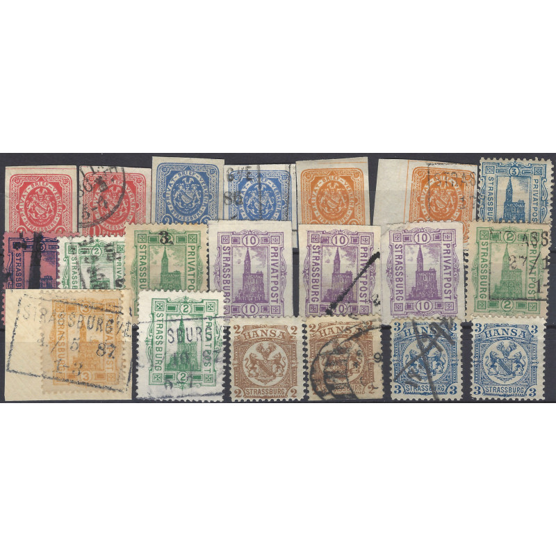 Lot de 18 timbres de la Poste Privée de Strasbourg 1886-1890.