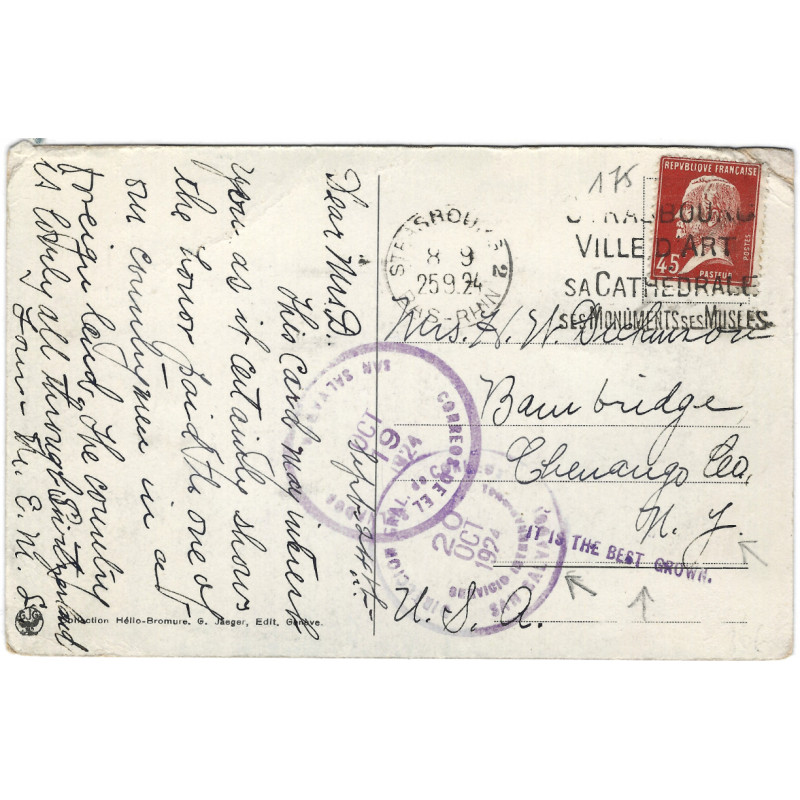 Carte postale Genève expédiée de Strasbourg pour New York 25-9-1924.