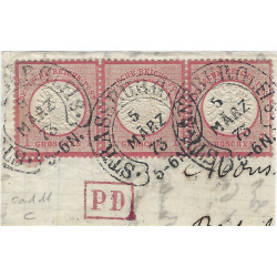 Allemagne Empire timbre N°16 bande de 3 ex. oblitéré cachet T11 Strasbourg sur fragment.