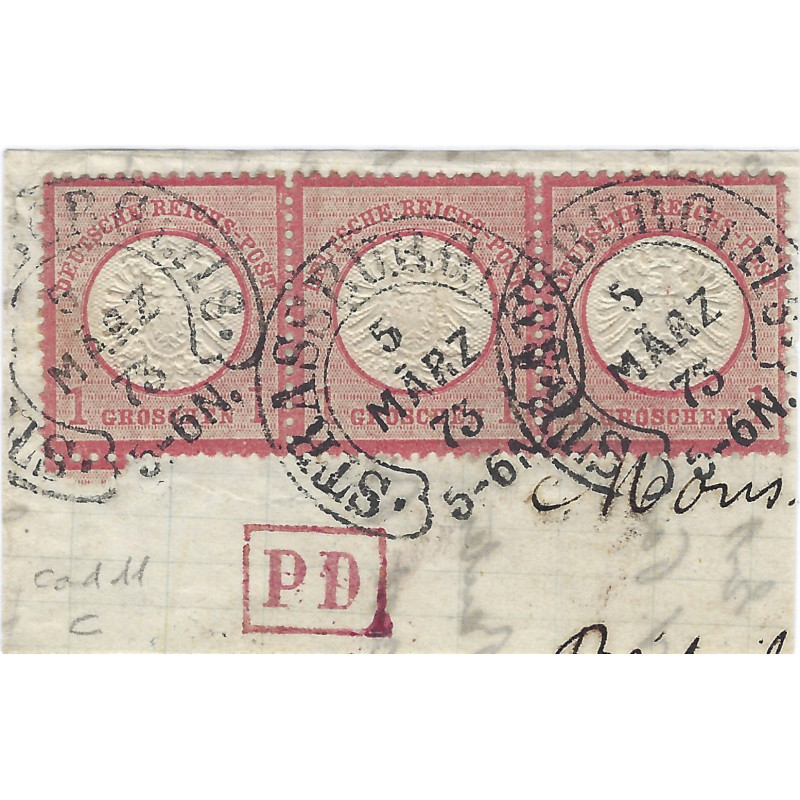 Allemagne Empire timbre N°16 bande de 3 ex. oblitéré cachet T11 Strasbourg sur fragment.