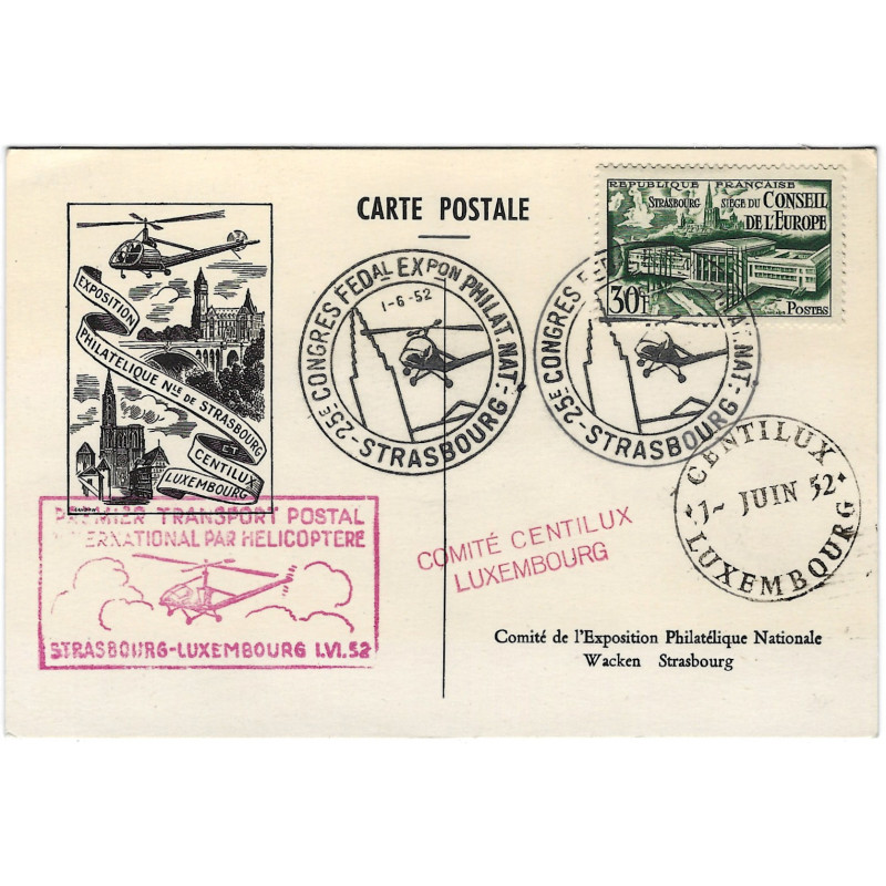 Conseil de l'Europe timbre de France N°923 oblitéré sur carte postale exposition philatélique Centilux 1952.