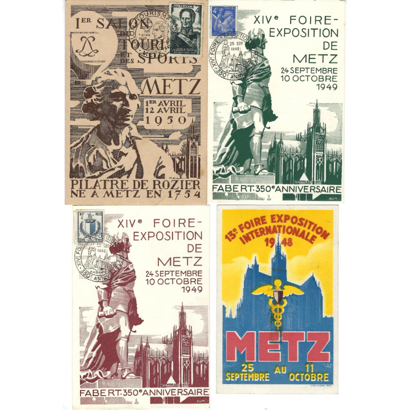 Metz Foire exposition internationale 1948-1950 - 4 cartes illustrées commémoratives.