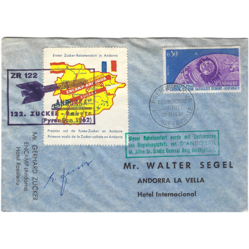 Premier vol de Fusée-Zucker en Andorre sur enveloppe premier jour 1962.