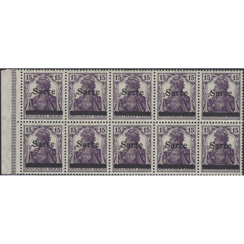 Sarre timbre N°7 surcharge recto verso en bloc de 10 bdf neuf**.