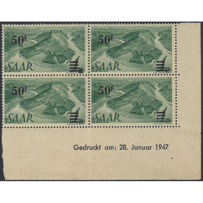 Sarre timbre N°228A bloc de 4 coin daté neuf**.