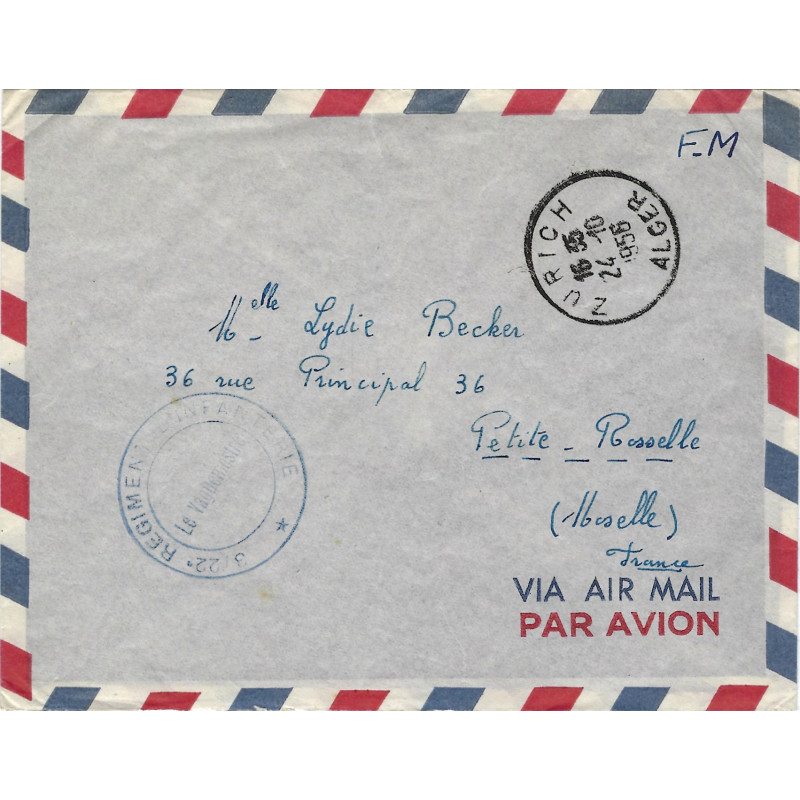 Algérie – Cachet Zurich Alger 24-10-1955 sur enveloppe Franchise Militaire.