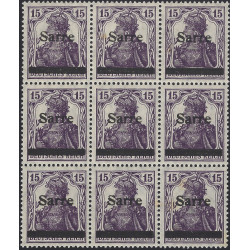Sarre timbre N°7 surcharge recto verso en bloc de 9 exemplaires neuf**.