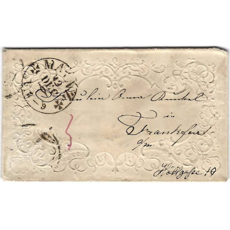 Allemagne enveloppe avec gaufrage décoratif de Mainz pur Francfort 1812