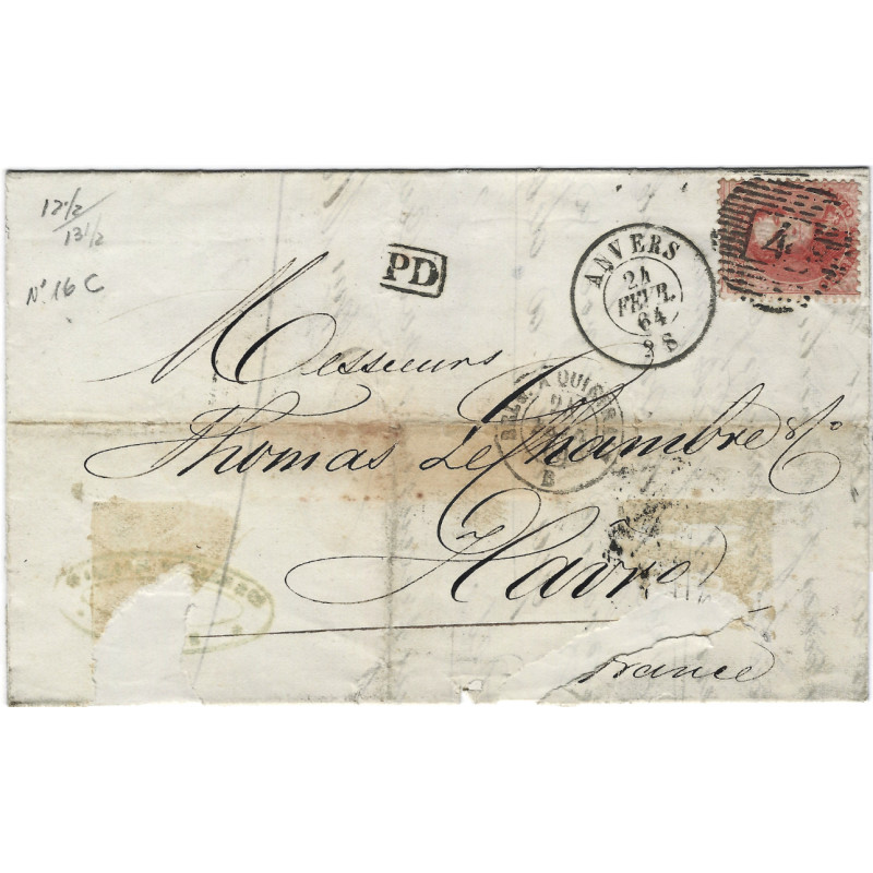 Belgique timbre N°16C oblitéré sur pli d'Anvers 1864 pour Le Havre.