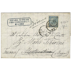 Italie timbre N°22b variété oblitéré sur pli de Milano adressé à Ténor Mario Tiberini.