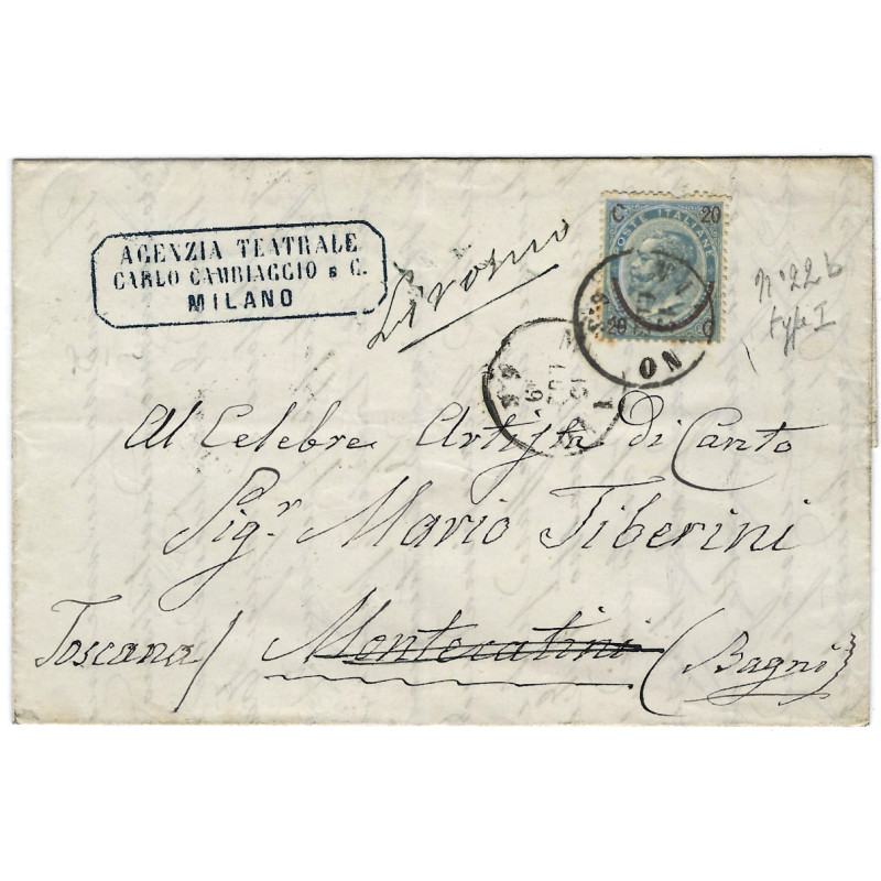 Italie timbre N°22b variété oblitéré sur pli de Milano adressé à Ténor Mario Tiberini.
