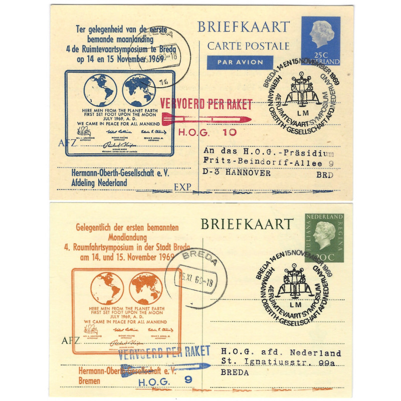 Pays Bas 2 cartes postales "Vervoerd per Raket" – Premier pas sur la Lune, 1969.