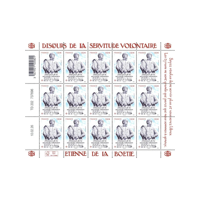 Timbre Discours de la servitude volontaire en feuillet de France N°F221 neuf**.