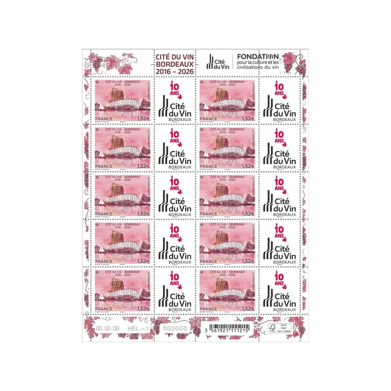 Timbre Cité du vin Bordeaux en feuillet de France N°F223 neuf**.