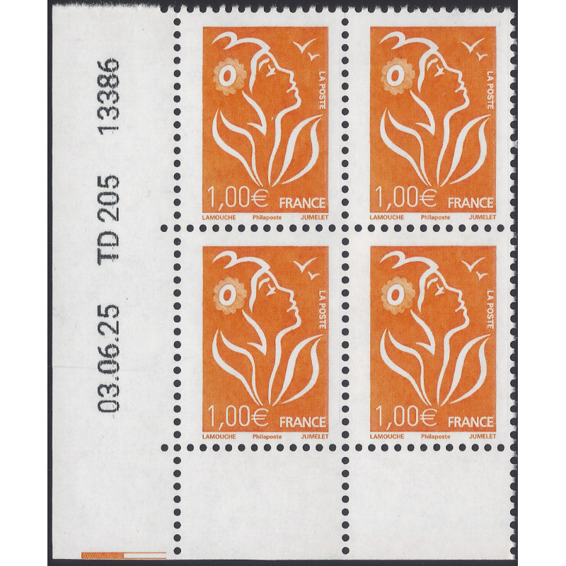 Marianne de Lamouche timbre N°3739B bloc de 4 coin daté neuf**.