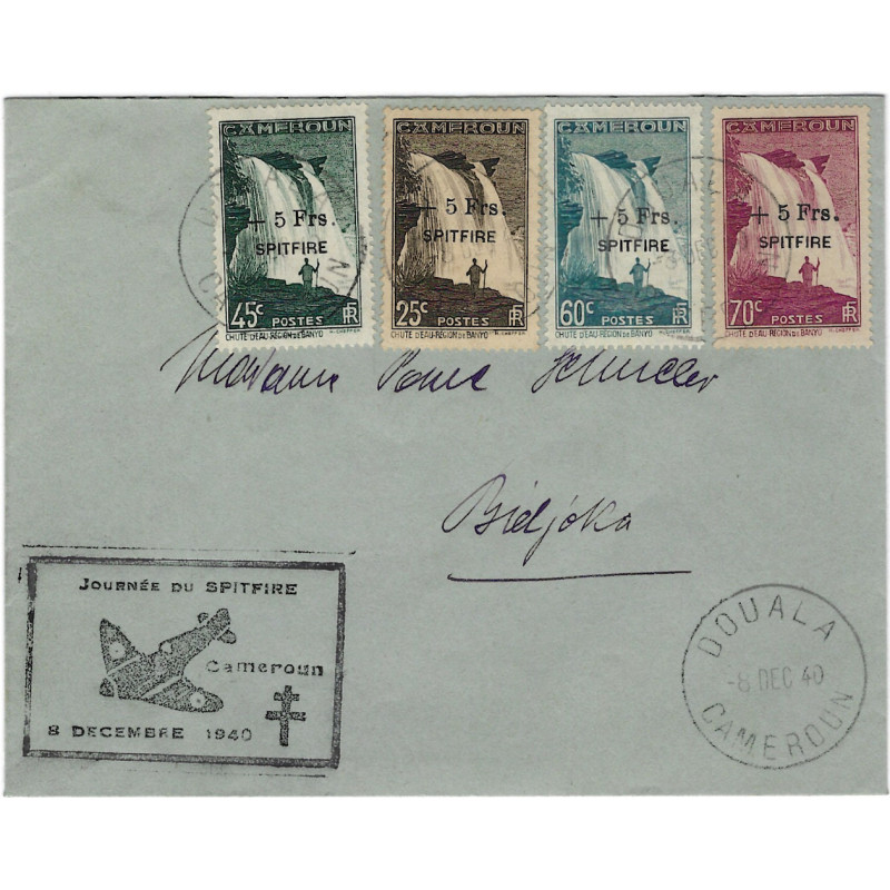 Cameroun série Spitfire oblitérés sur enveloppe avec flamme 8-12-1940.