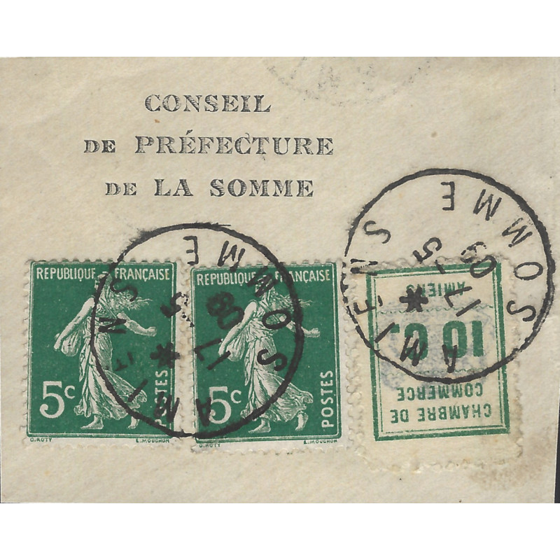 Timbre de grève Amiens N°1 oblitéré sur fragment 17-5-1909.