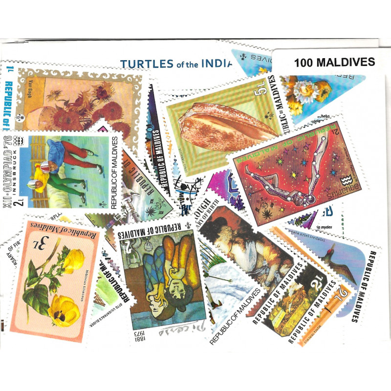 Maldives 100 timbres de collection tous différents.