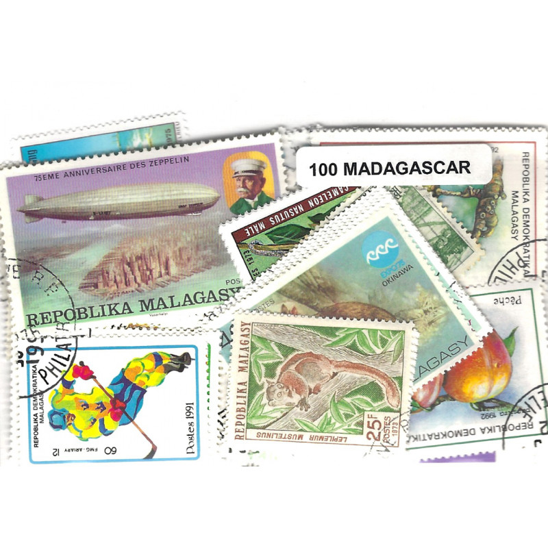 Madagascar 100 timbres de collection tous différents.