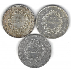 Lot de 3 monnaies de 50 Francs Hercule en argent – France – 1974 et 1978.