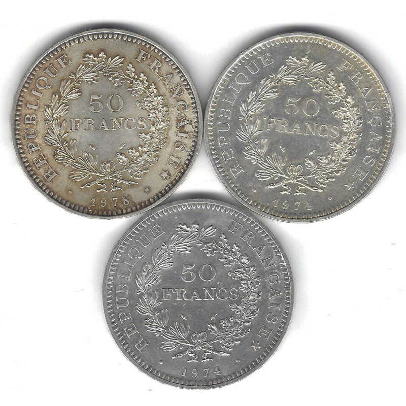 Lot de 3 monnaies de 50 Francs Hercule en argent – France – 1974 et 1978.
