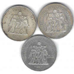 Lot de 3 monnaies de 50 Francs Hercule en argent – France – 1974 et 1978.