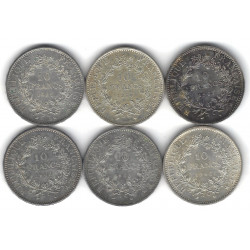 Lot de 6 monnaies de 10 Francs Hercule en argent – France – 1965 à 1970.