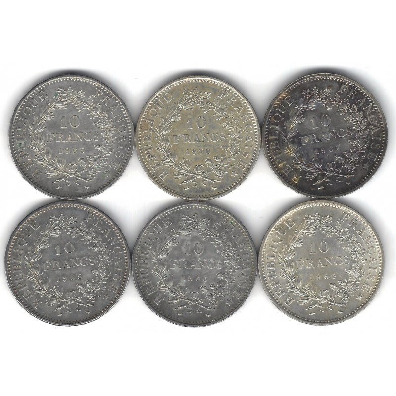 Lot de 6 monnaies de 10 Francs Hercule en argent – France – 1965 à 1970.