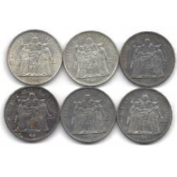 Lot de 6 monnaies de 10 Francs Hercule en argent – France – 1965 à 1970.