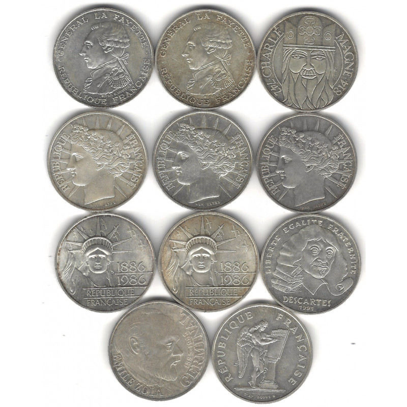 Lot de 11 monnaies de 100 Francs commémoratives en argent – France 1985-1991.