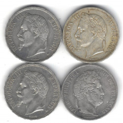 Lot de 4 monnaies françaises de 5 Francs en argent 1834-1867.