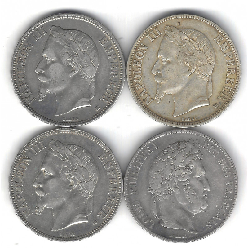 Lot de 4 monnaies françaises de 5 Francs en argent 1834-1867.