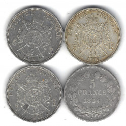 Lot de 4 monnaies françaises de 5 Francs en argent 1834-1867.
