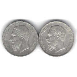 Lot de 2 monnaies de 5 Francs a Belge en argent Léopold II – 1870-1873.