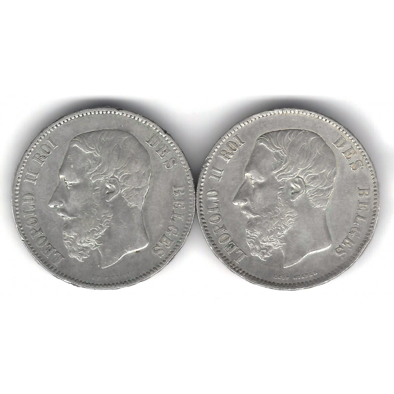 Lot de 2 monnaies de 5 Francs a Belge en argent Léopold II – 1870-1873.
