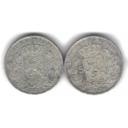 Lot de 2 monnaies de 5 Francs a Belge en argent Léopold II – 1870-1873.